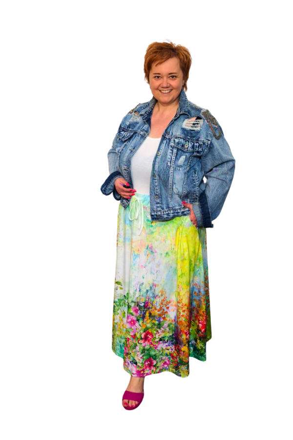 Plus size bavlnená sukňa - rozkvitnutá lúka